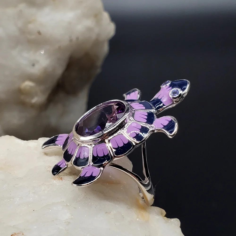 Solid Sterling Silver 925 Large Genuine Amethyst Gemstone Turtle Jewelry